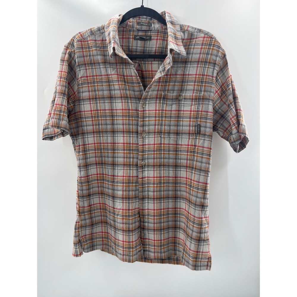 Eddie Bauer Mens Classic Fit Plaid Short Sleeve Button Down Shirt Grey Orange L